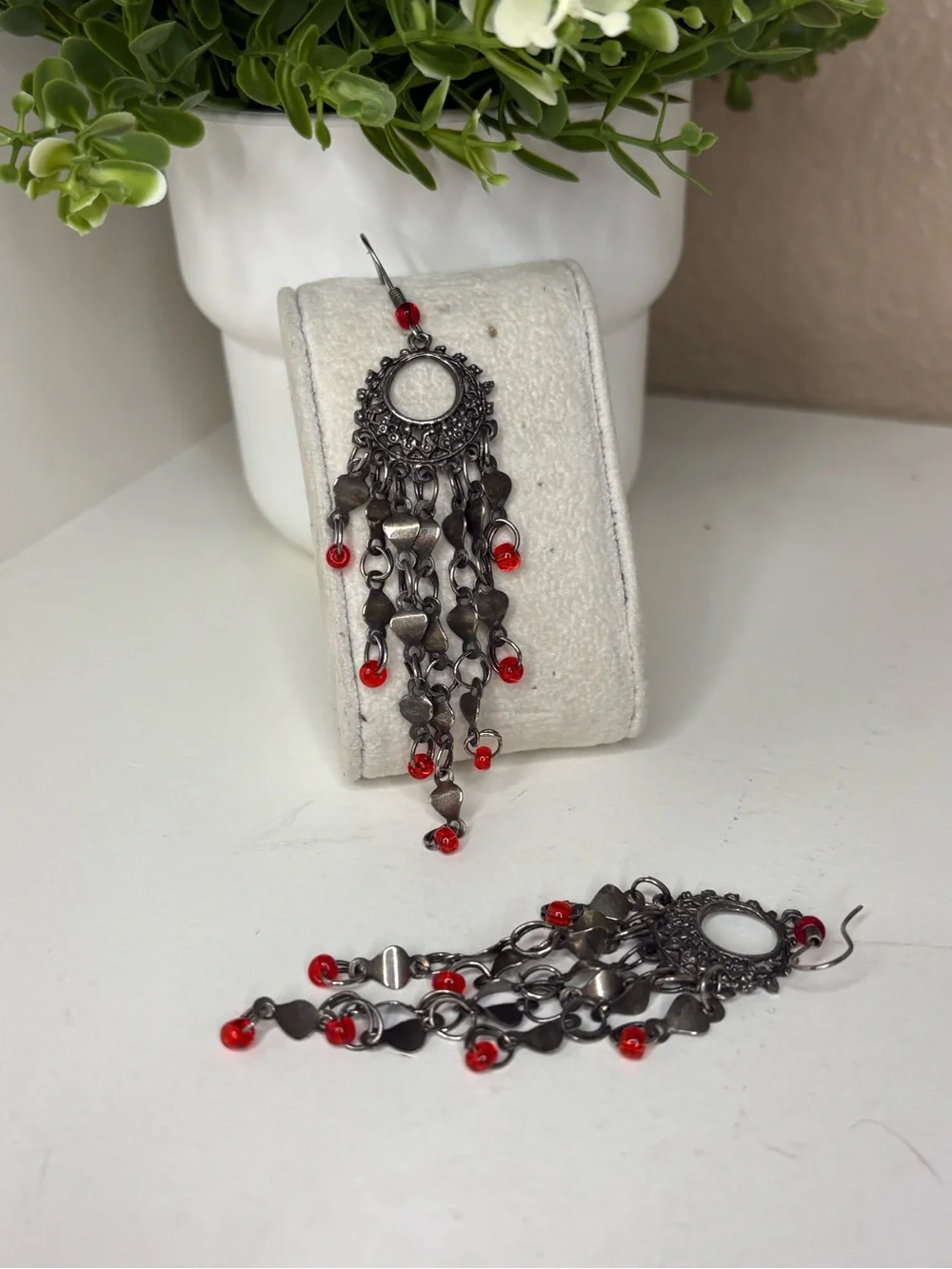 Vintage Boho Silver Chandelier Dangle Earrings Red Bead Fringe Statement